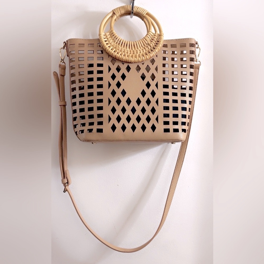 Women's Tan Cutout Crossbody Bag with Woven Handle